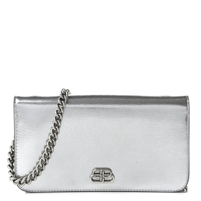 Balenciaga Metallic Grained Calfskin BB Phone Holder Wallet On Chain Silver 1 of 10