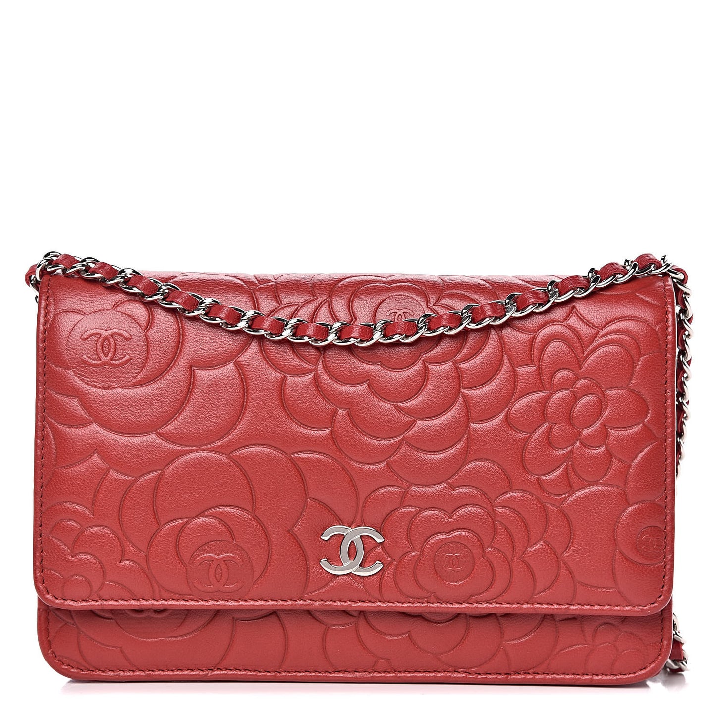 Lambskin Camellia Embossed Wallet On Chain WOC Red