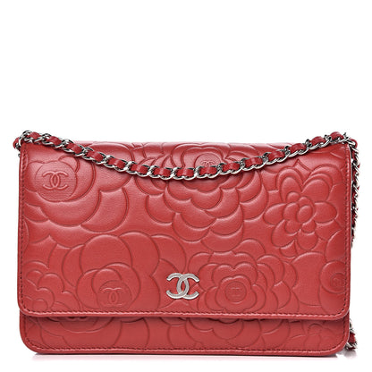Chanel Lambskin Camellia Embossed Wallet On Chain WOC Red 1 of 13