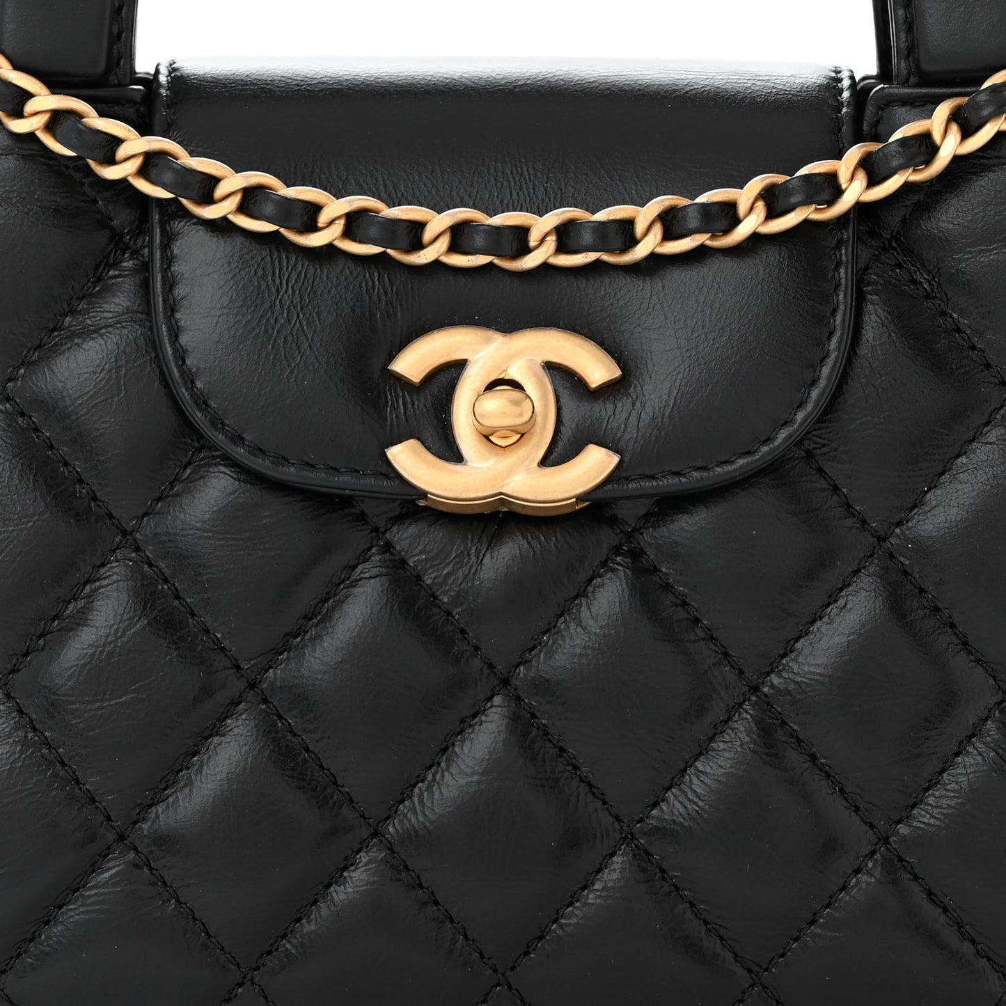 Shiny Aged Calfskin Quilted Nano Kelly Shopper Black