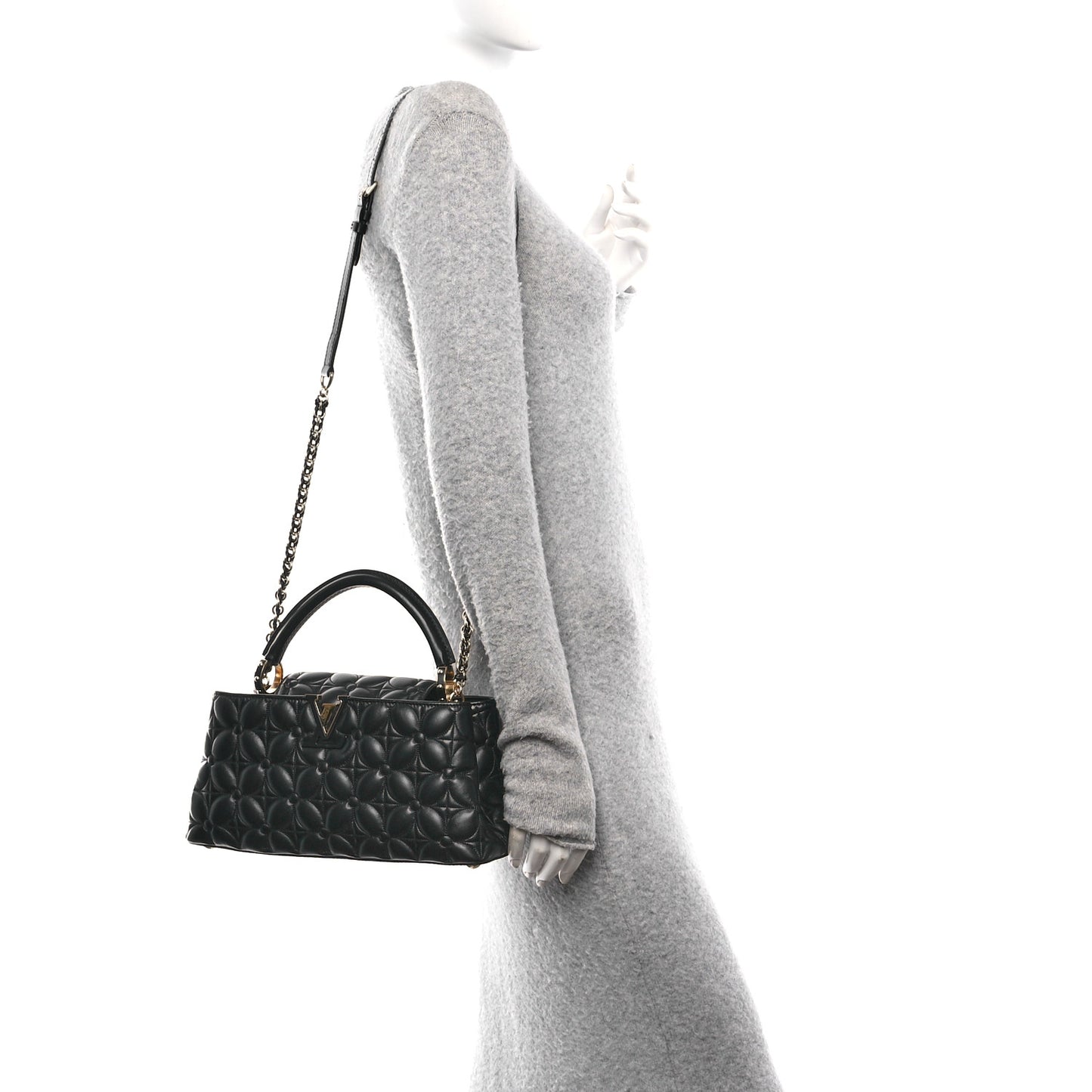 Lambskin Quilted Flower Capucines East West MM Black