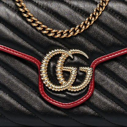 Gucci Vintage Effect Calfskin Matelasse Diagonal Torchon GG Marmont Chain Wallet Black Romantic Cherry 7 of 9