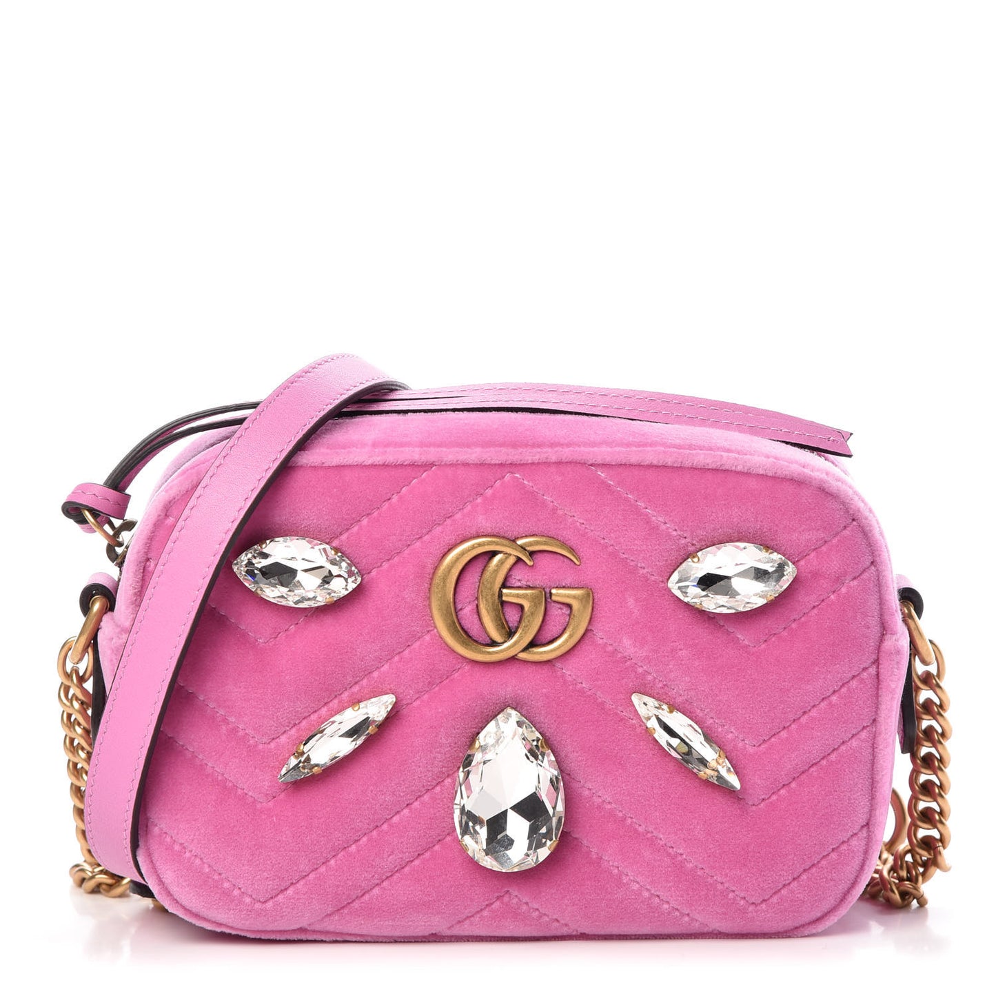 Velvet Matelasse Marquise Crystals Mini GG Marmont Chain Shoulder Bag Malva