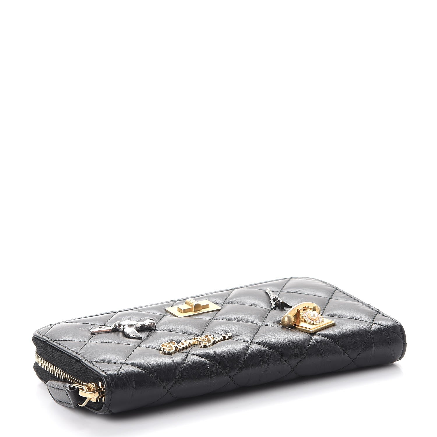 Chanel Aged Calfskin Quilted Small Lucky Charms 2.55 Reissue Zip Around Wallet Black 4 of 8