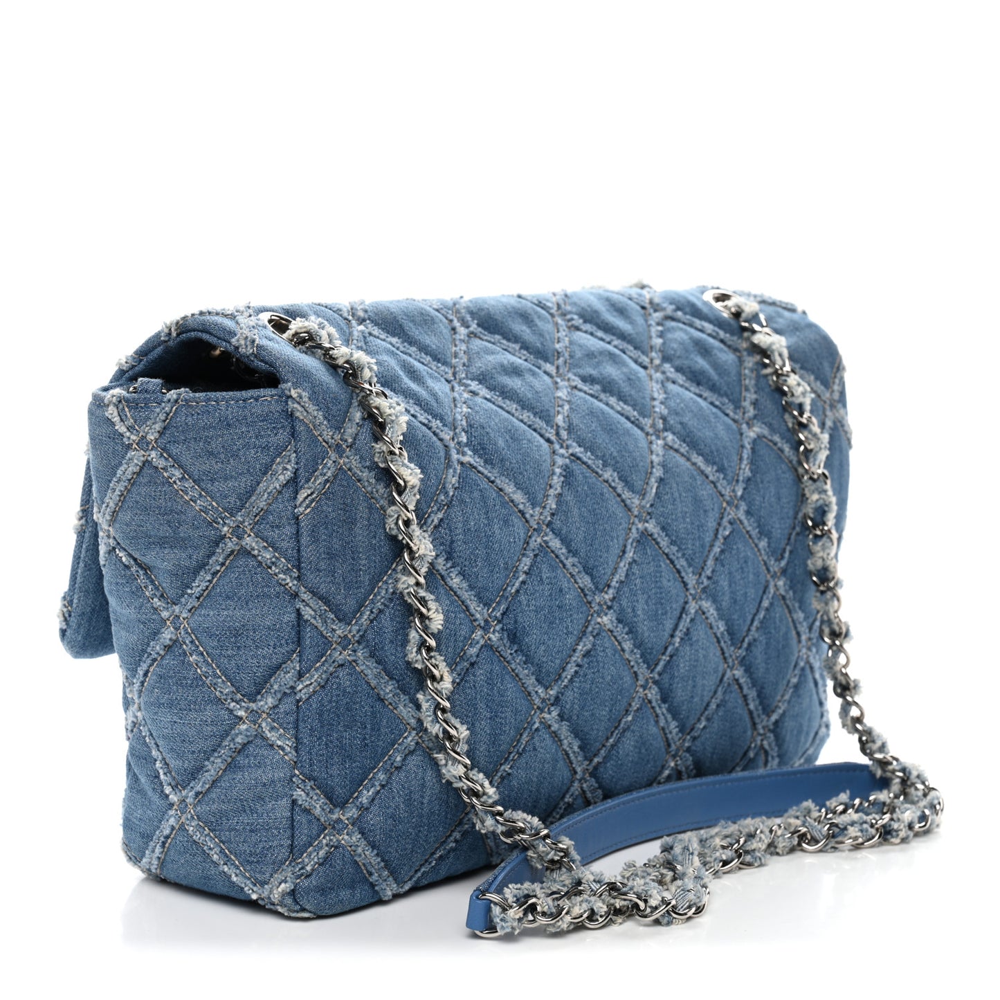Frayed Denim Quilted Large Blue Chip Flap Blue