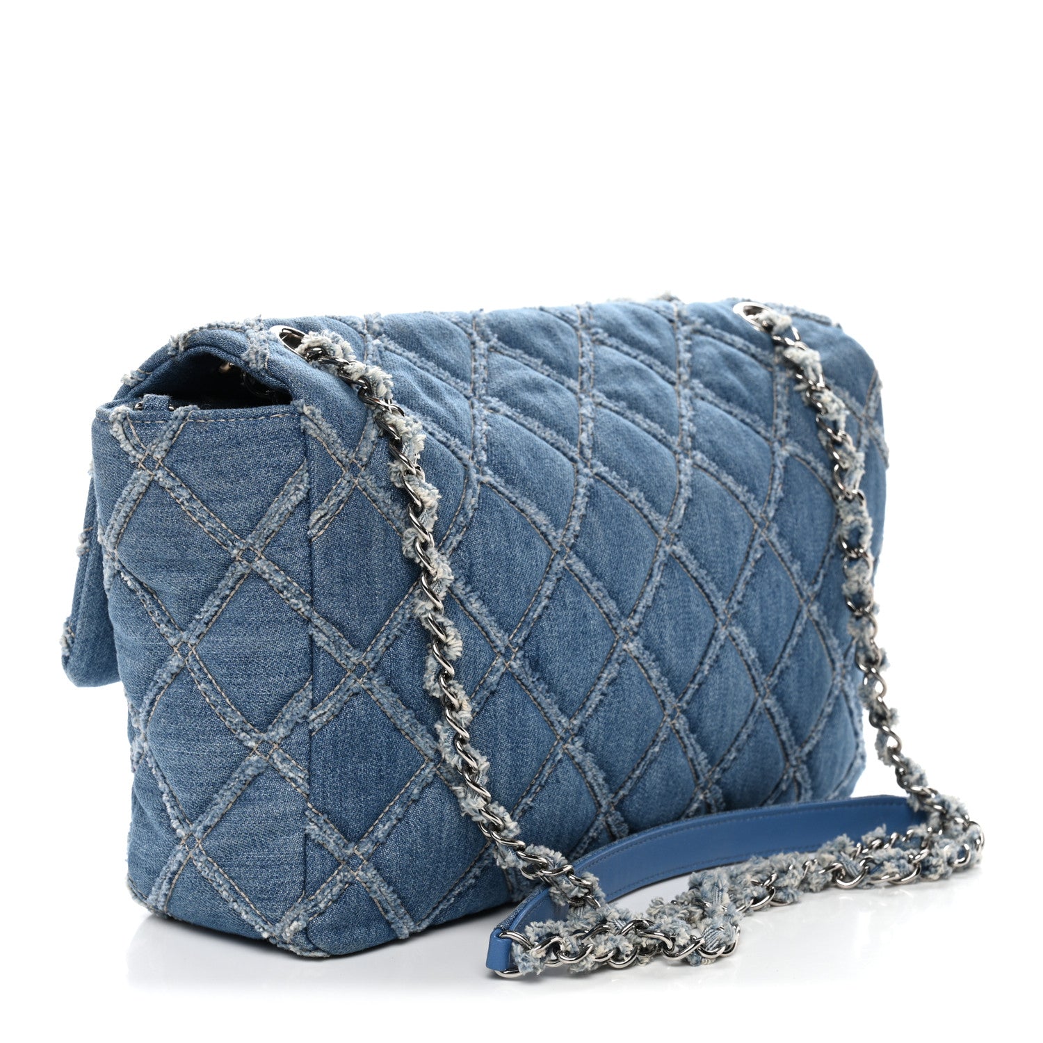 Chanel Frayed Denim Quilted Large Blue Chip Flap Blue 3 of 10