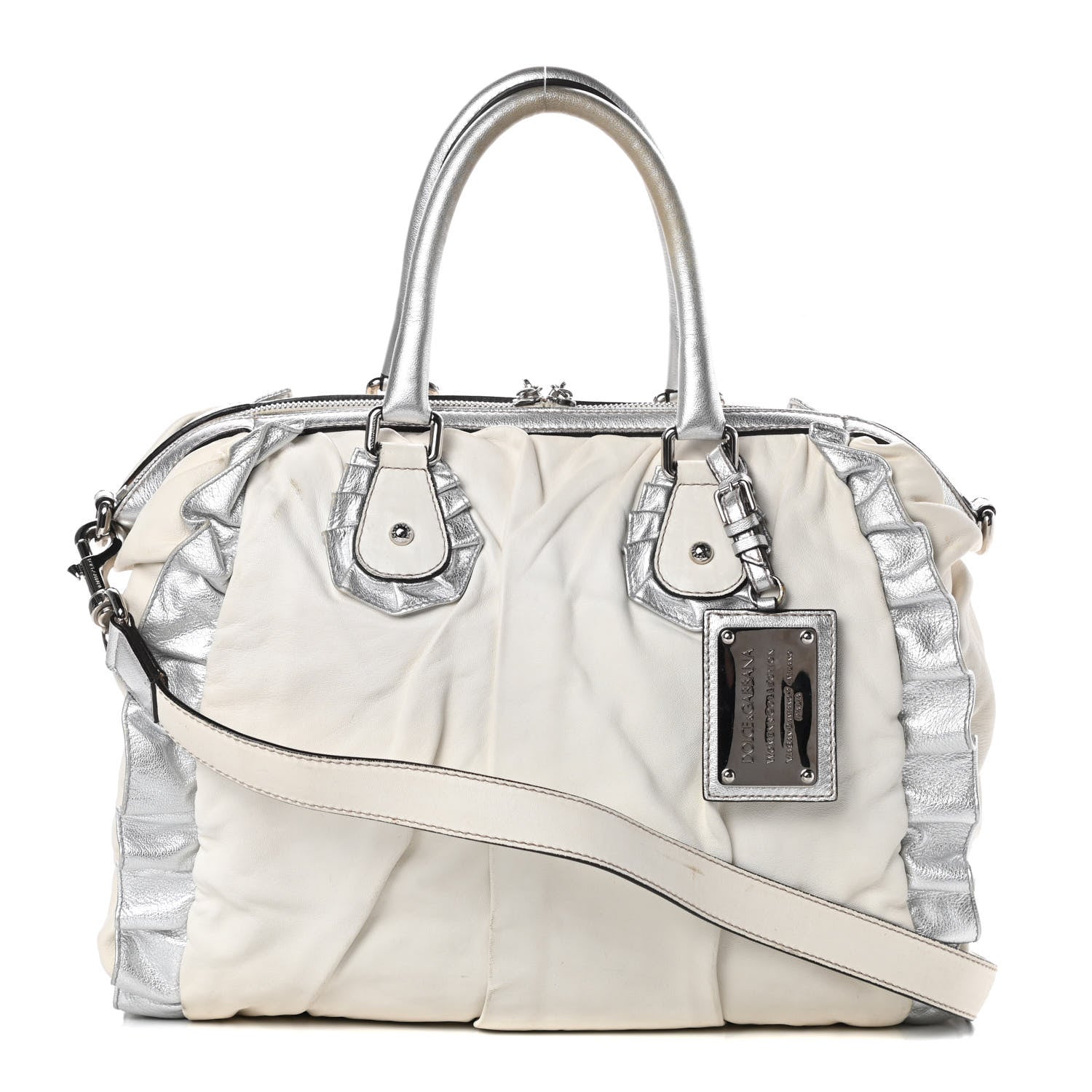 Dolce & Gabbana Distressed Calfskin Ruffled Miss Rouche Satchel White Silver 1 of 17