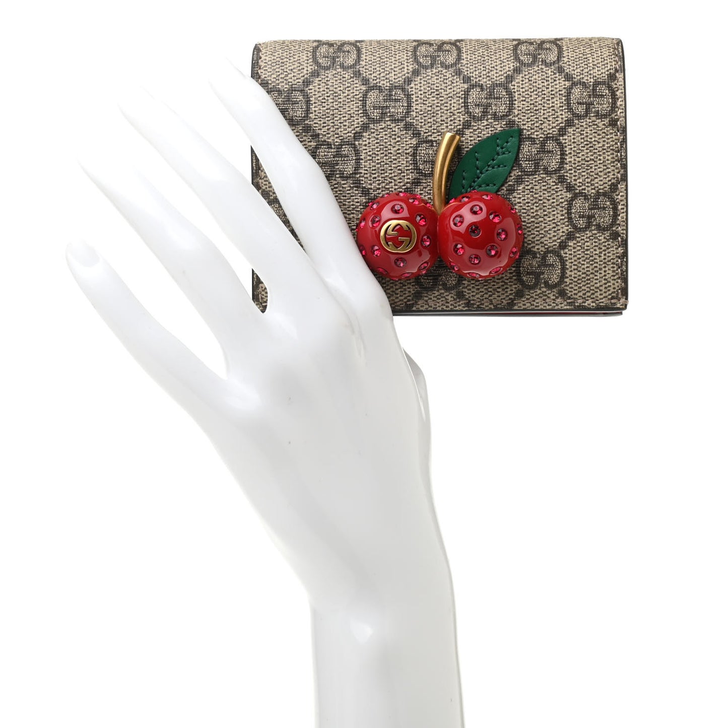 GG Supreme Monogram Cherry Embellished Card Case Wallet Hibiscus Red