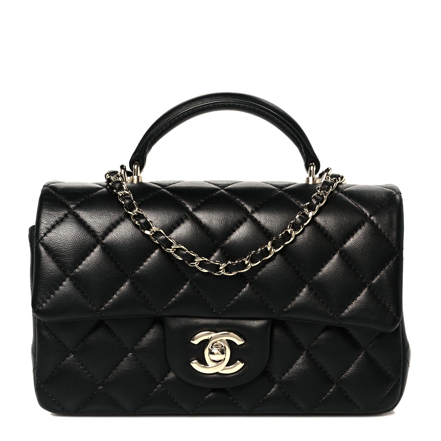 Lambskin Quilted Mini Top Handle Rectangular Flap Black