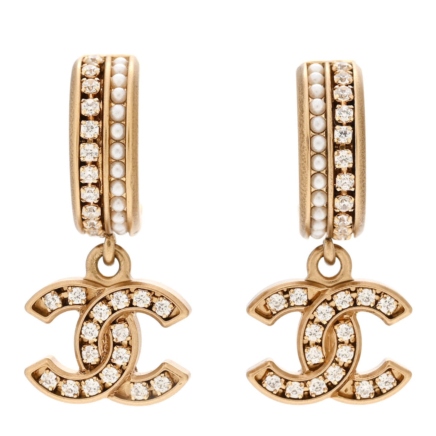 Crystal Pearl CC Hoop Drop Earrings Gold