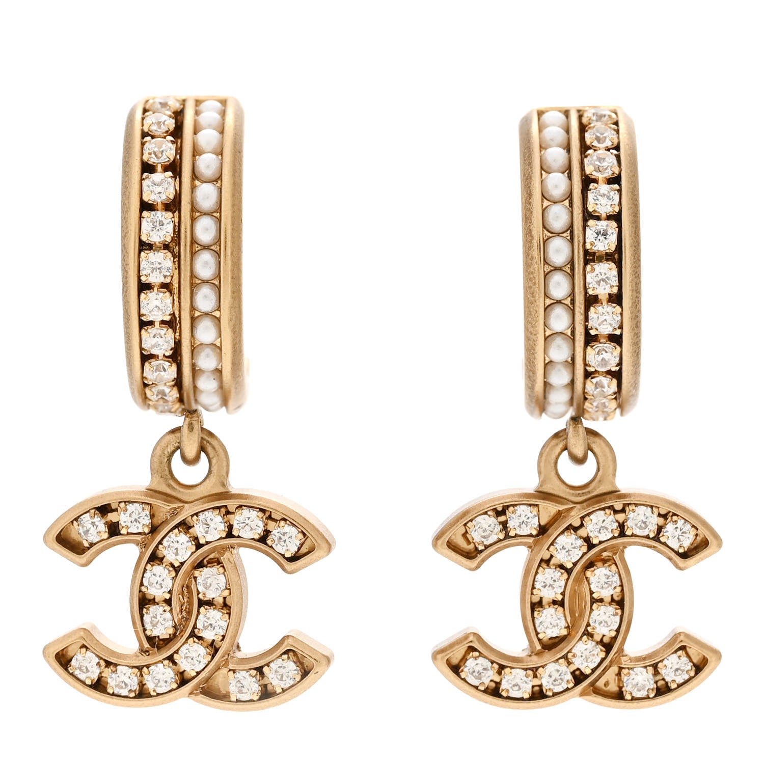 Chanel Crystal Pearl CC Hoop Drop Earrings Gold 1 of 4