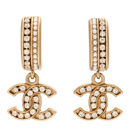 Chanel Crystal Pearl CC Hoop Drop Earrings Gold 1 of 4