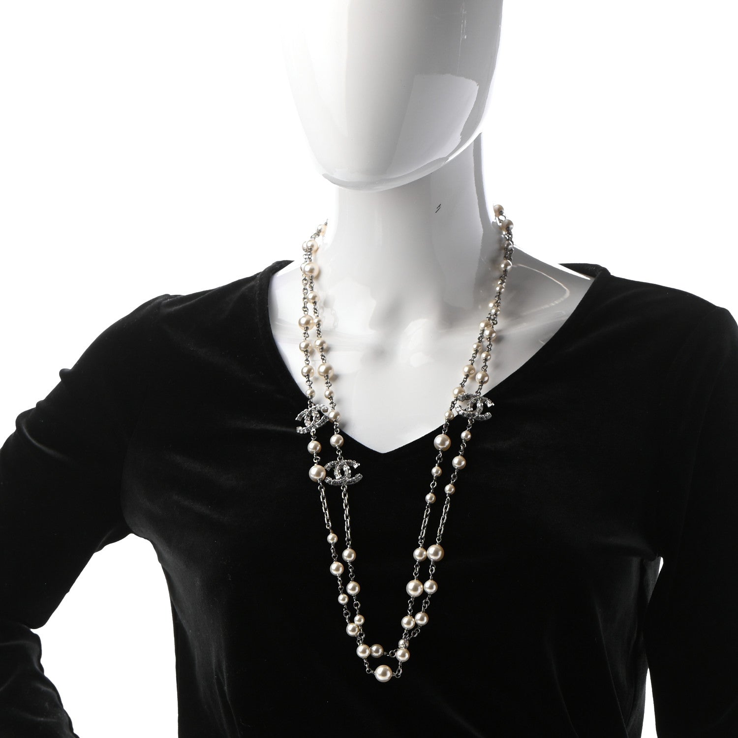 Chanel Pearl Baguette Crystal CC Long Necklace Silver 2 of 5