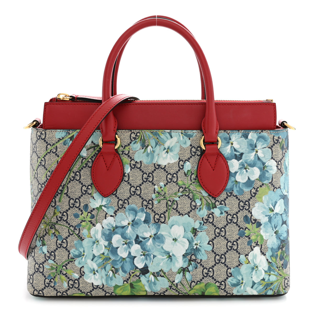 Gucci GG Supreme Monogram Blooms Small Zip Top Tote Beige Blue Navy Hibiscus Red 1 of 11