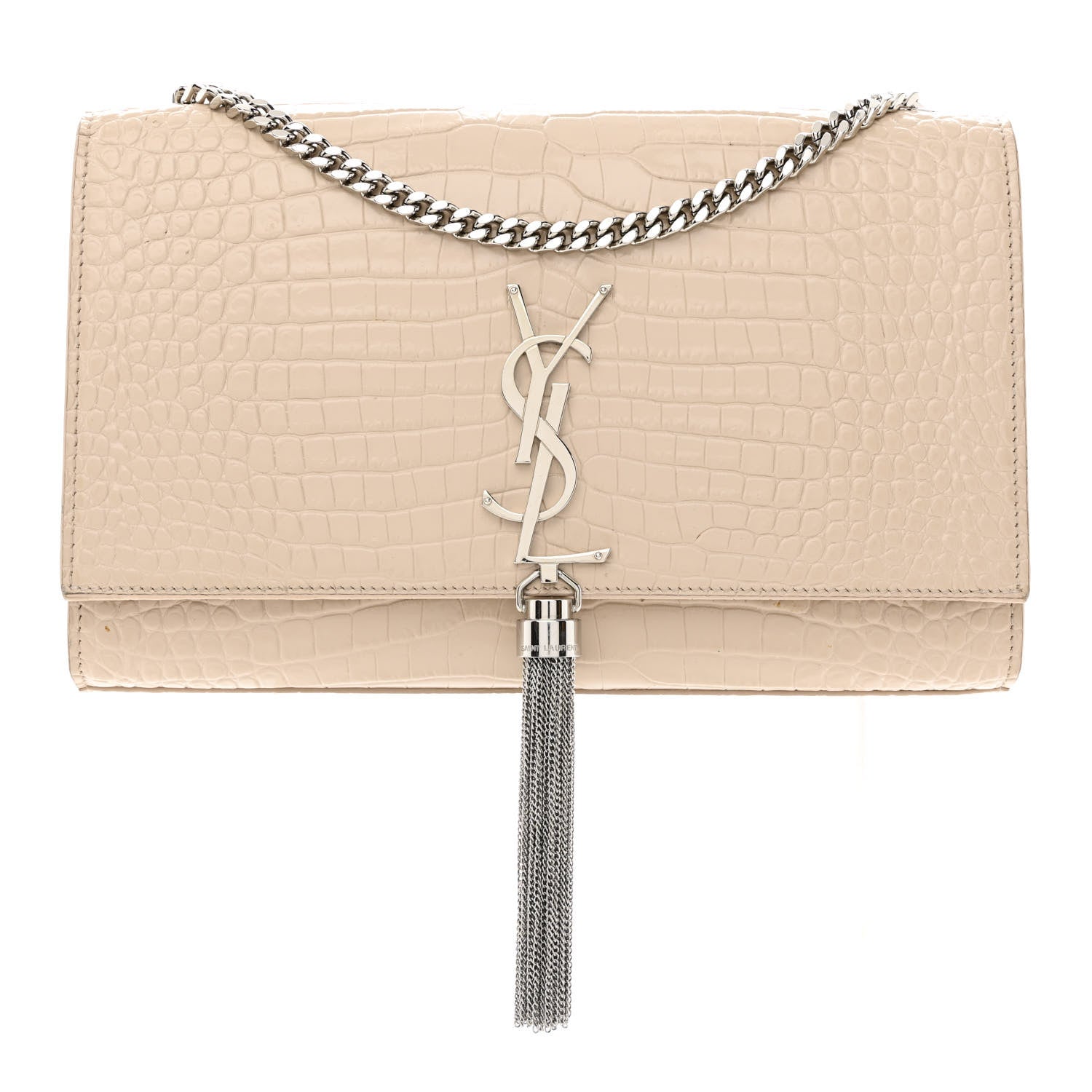 Saint Laurent Calfskin Crocodile Embossed Medium Classic Monogram Kate Tassel Satchel Nude Powder 1 of 12
