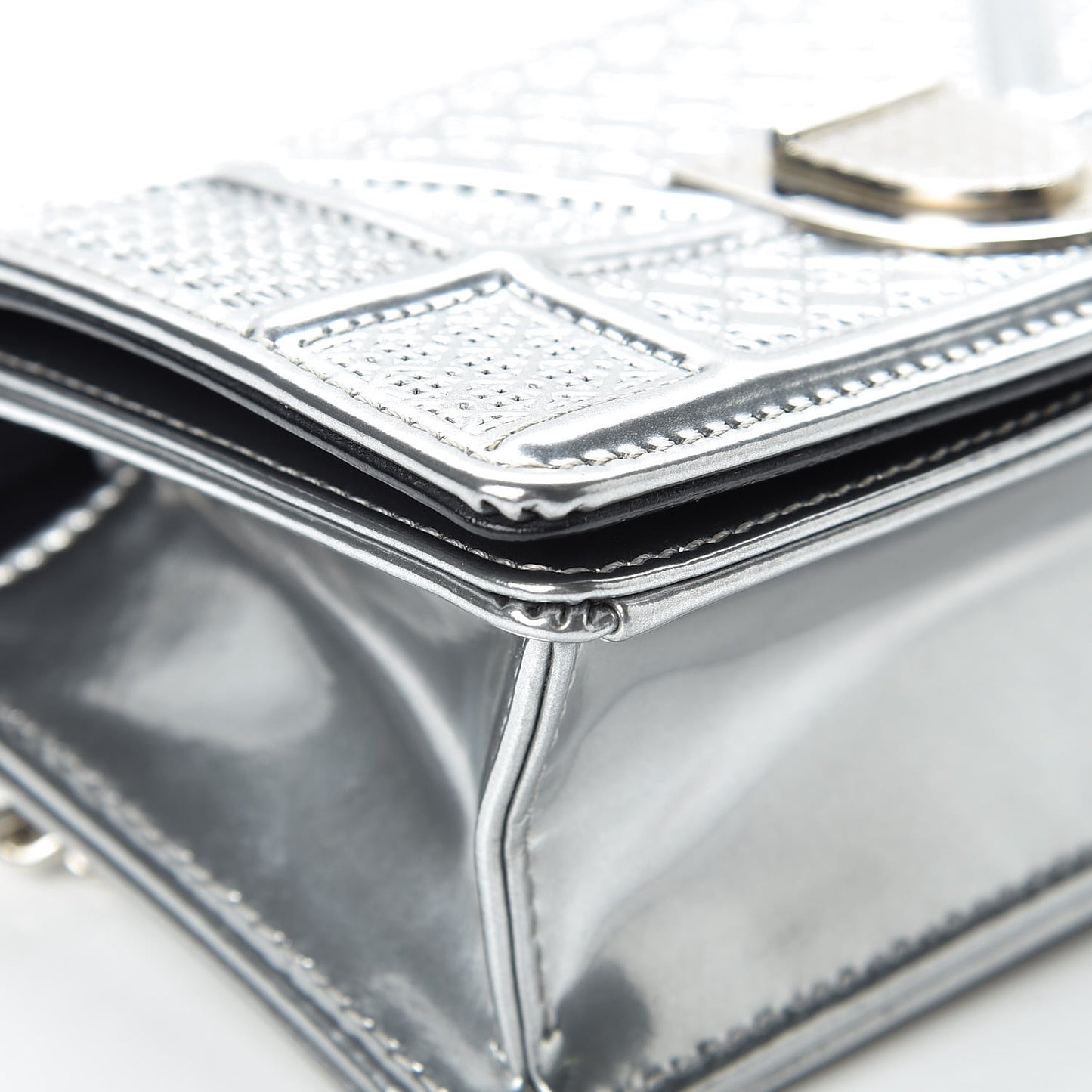 Metallic Patent Micro-Cannage Baby Diorama Flap Bag Silver