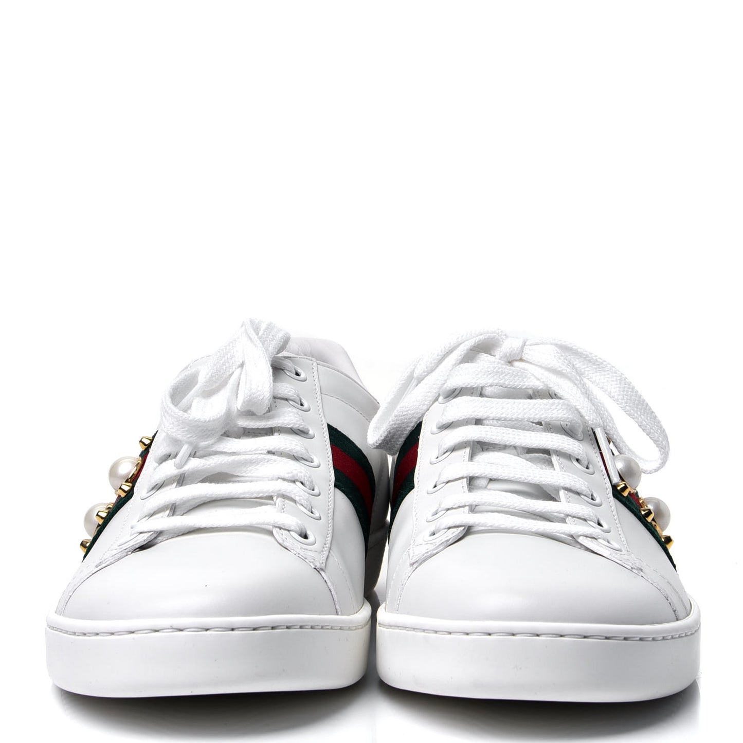 Calfskin Web Pearl Studded Womens Ace Sneakers 40.5 White