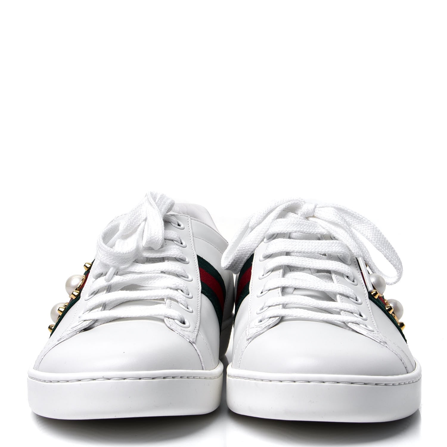 Gucci Calfskin Web Pearl Studded Womens Ace Sneakers 40.5 White 2 of 6