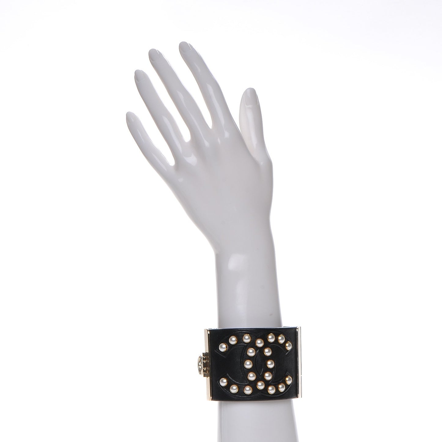 Lambskin Calfskin Pearl CC Cuff Bracelet Black Gold