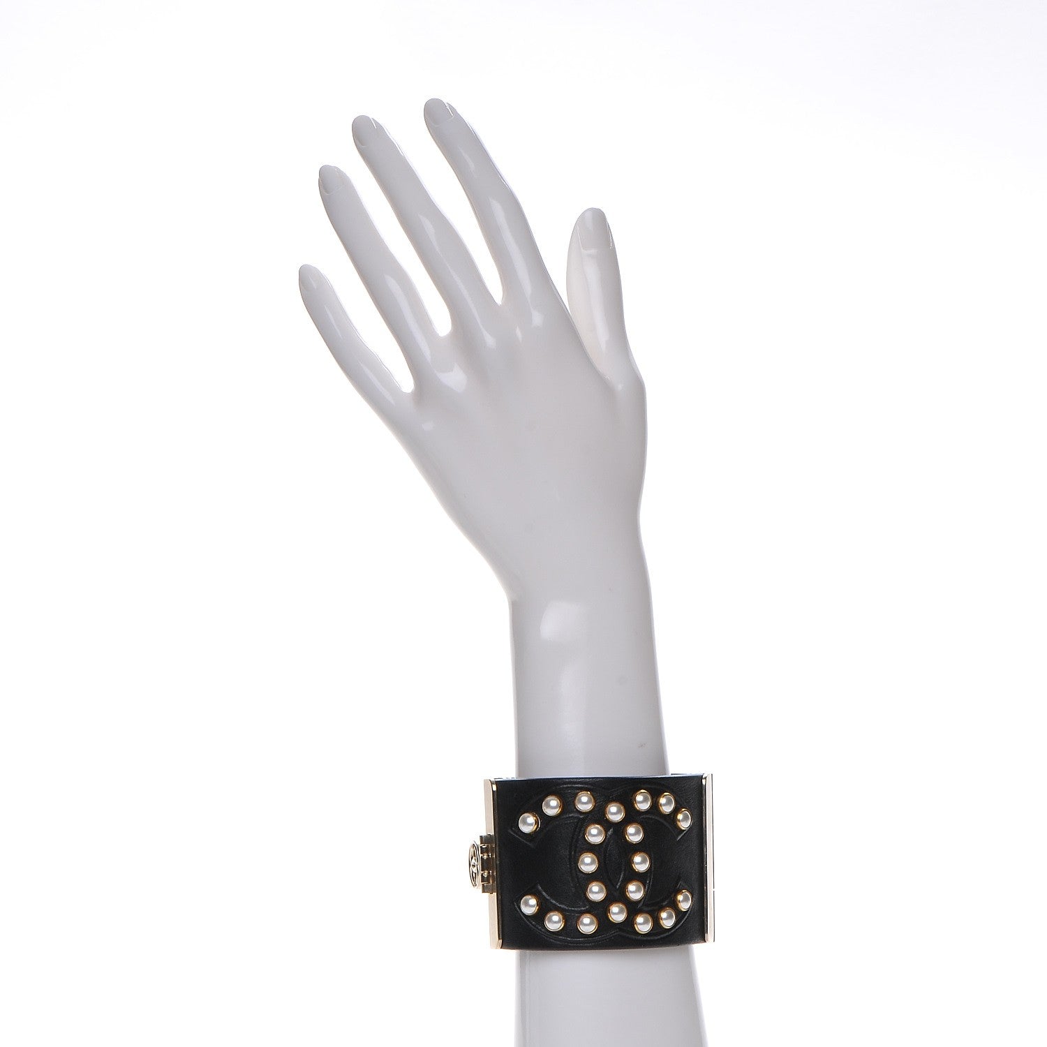 Chanel Lambskin Calfskin Pearl CC Cuff Bracelet Black Gold 2 of 8