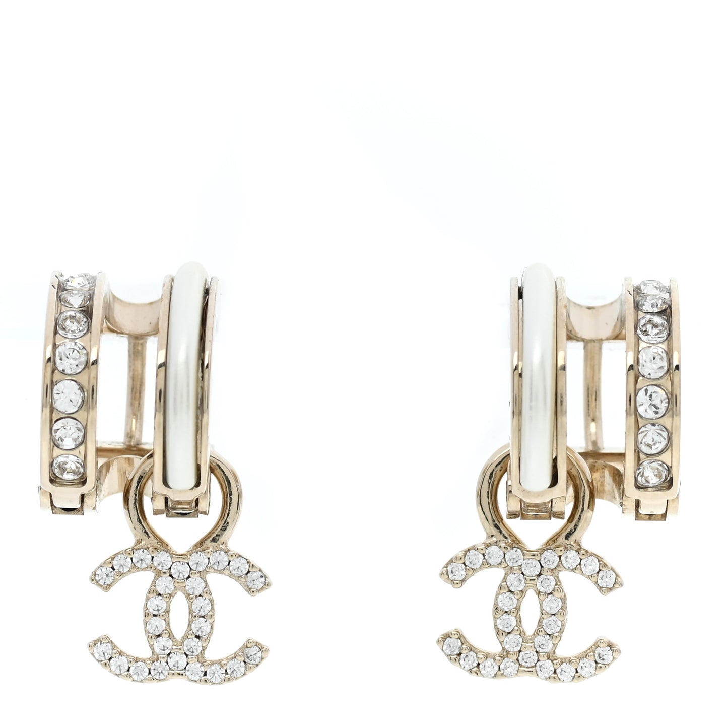 Crystal CC Hoop Drop Earrings Gold Pearly White