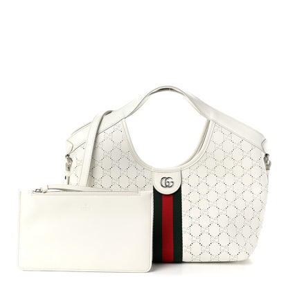 Gucci Calfskin Perforated GG Web Small Giglio Tote White 3 of 10