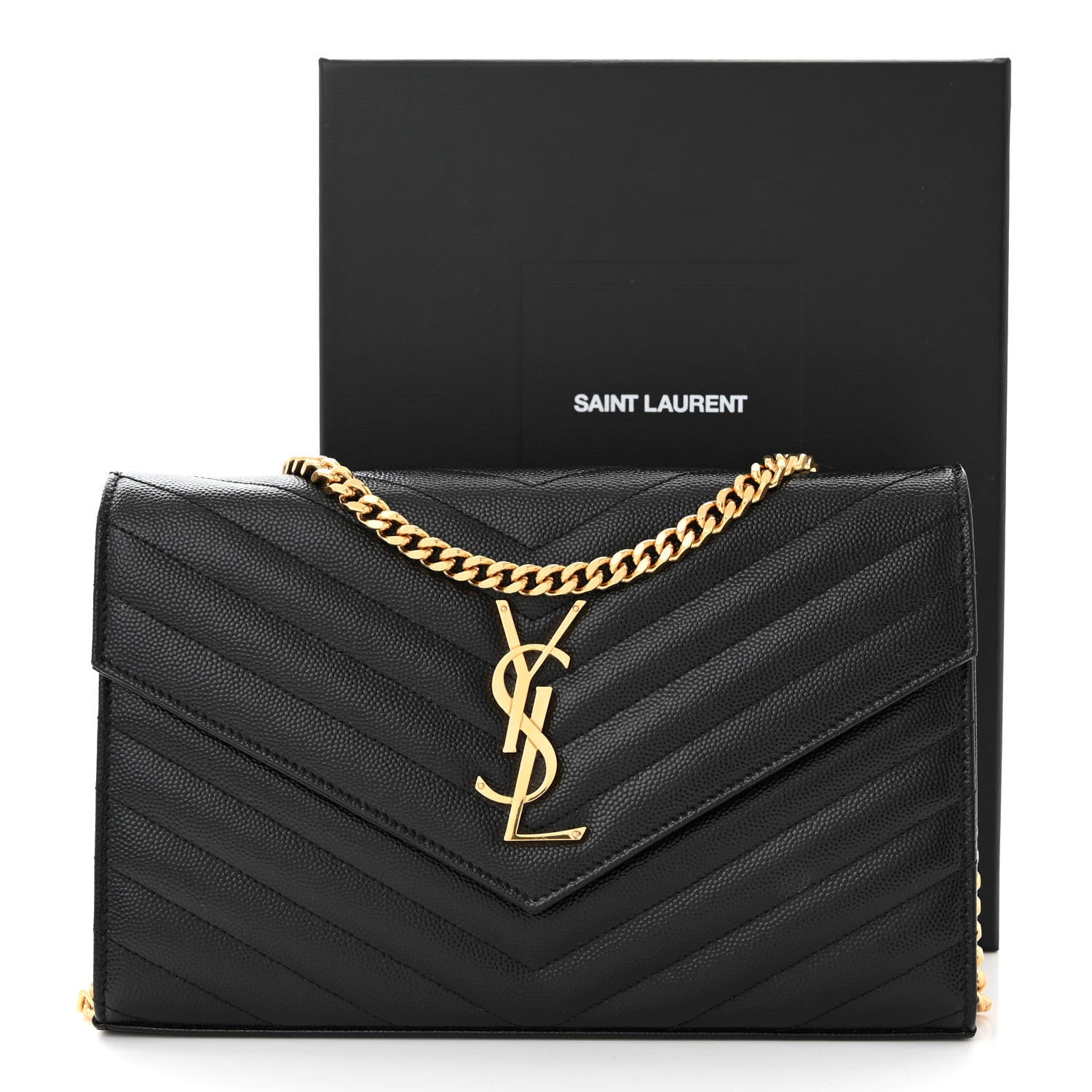 Saint Laurent Grain De Poudre Matelasse Chevron Monogram Chain Wallet Black 10 of 10