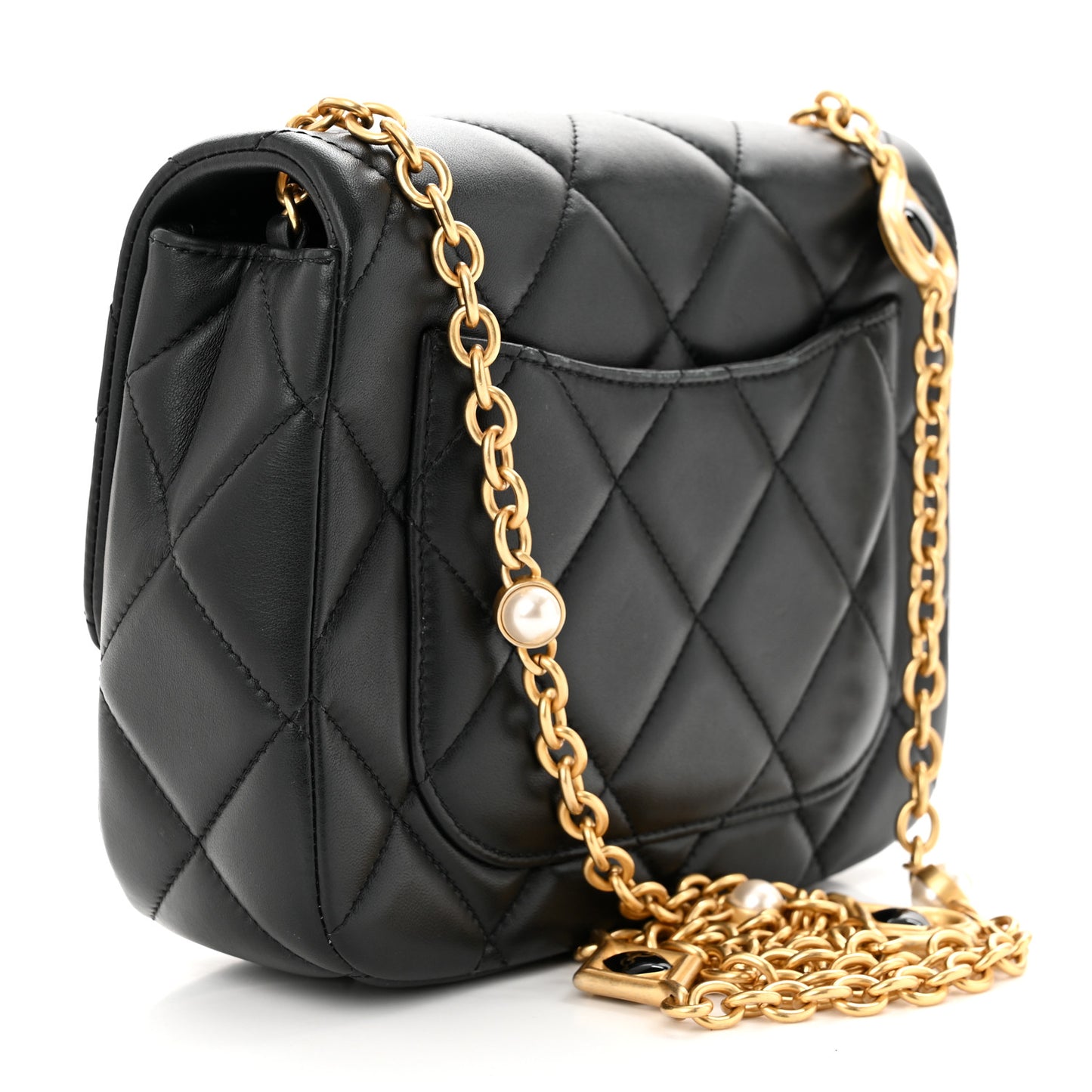 Lambskin Enamel Pearl Quilted Mini Charm Me Square Flap Black