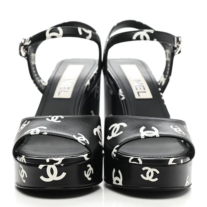 Chanel Printed Lambskin Coco Beach Platform Sandals 37 Black White 2 of 10