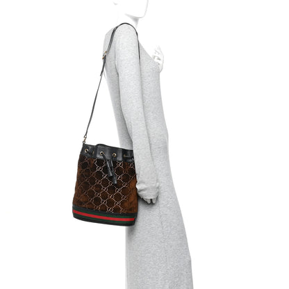 Gucci Velvet GG Monogram Textured Calfskin Web Bucket Bag Brown Black 2 of 11