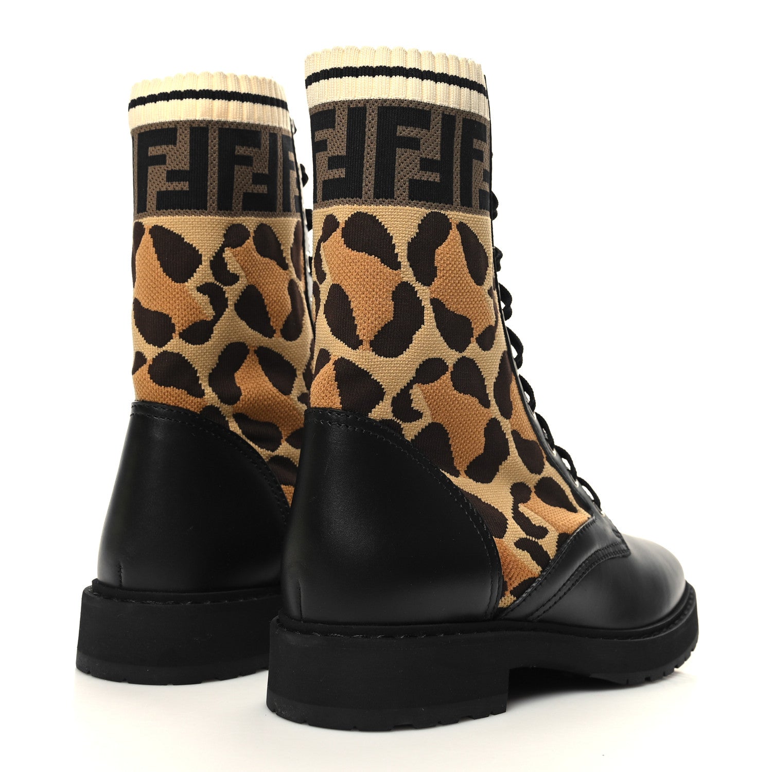 Fendi Calfskin Stretch Fabric FF Leopard Rockoko Biker Boots 39.5 Black 4 of 8