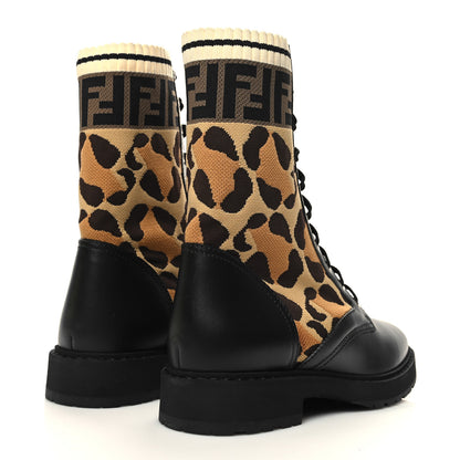 Fendi Calfskin Stretch Fabric FF Leopard Rockoko Biker Boots 39.5 Black 4 of 8