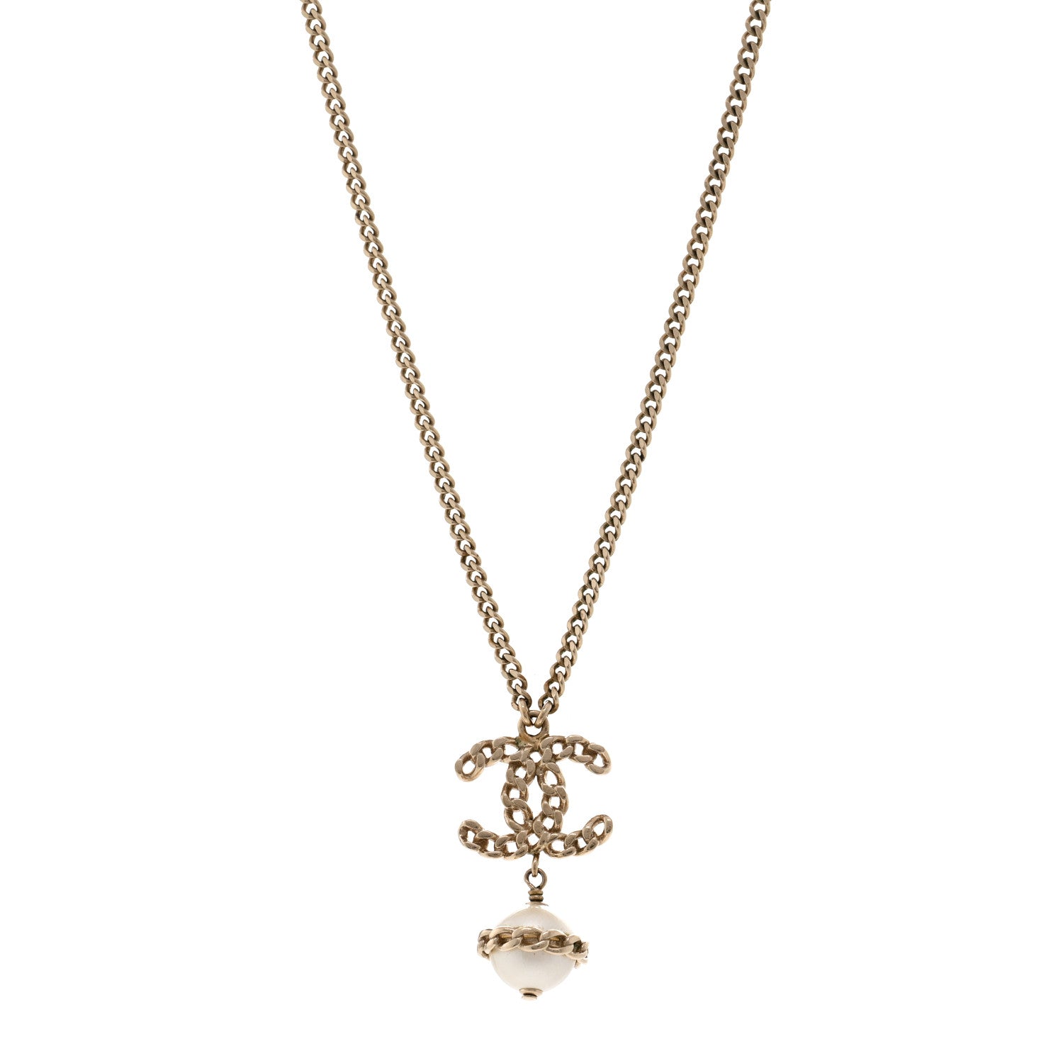 Chanel Chain CC Pearl Drop Necklace Gold 1 of 6