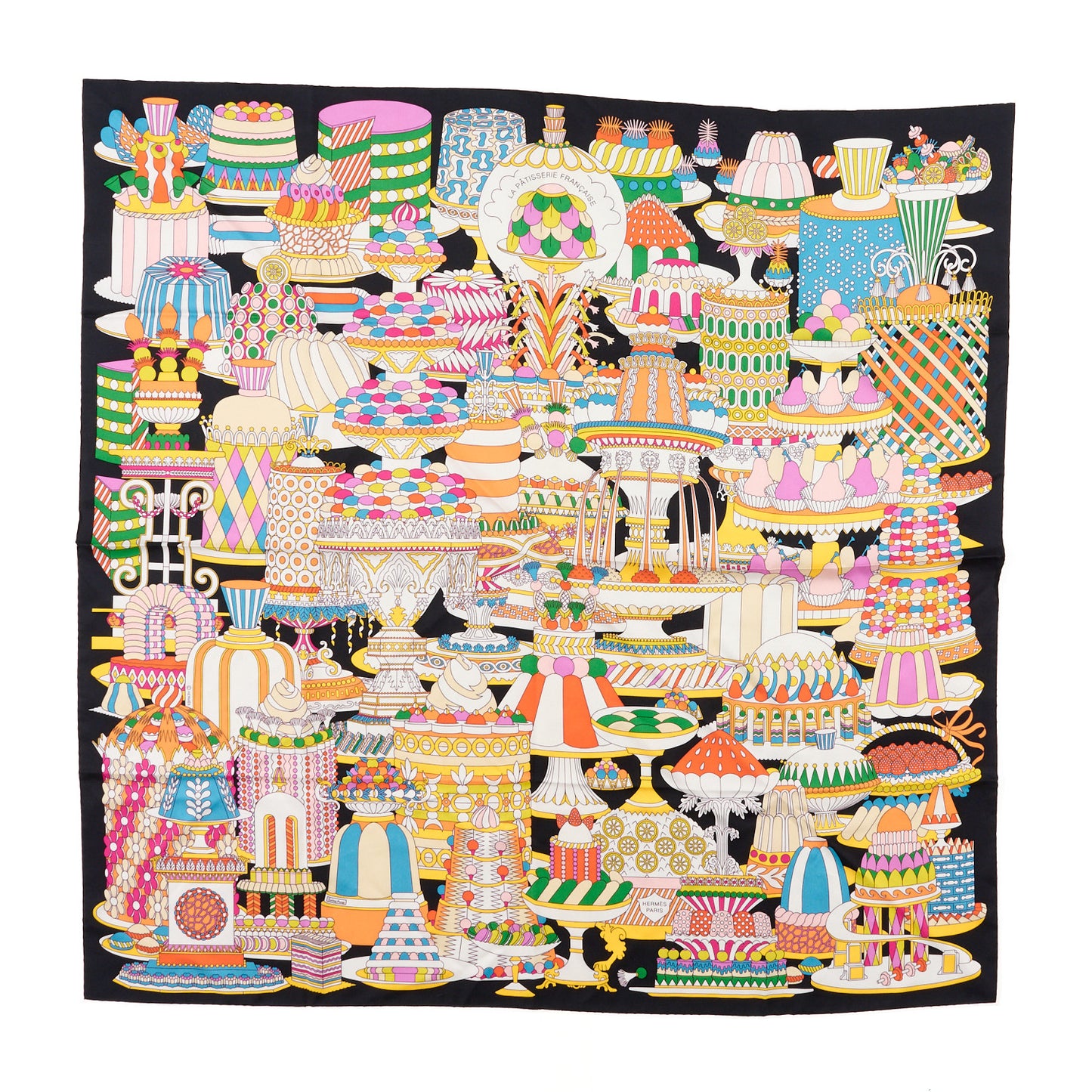 Silk La Patisserie Francaise Scarf 90 Orange Black Multicolor