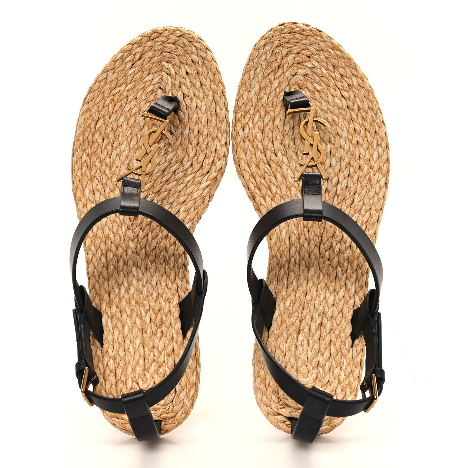 Saint Laurent Calfskin Raffia Cassandra Monogram Sandals 38.5 Black 2 of 9