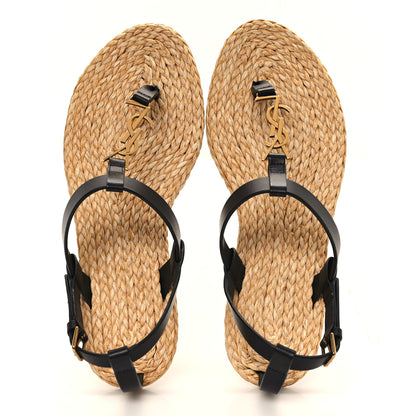 Saint Laurent Calfskin Raffia Cassandra Monogram Sandals 38.5 Black 2 of 9