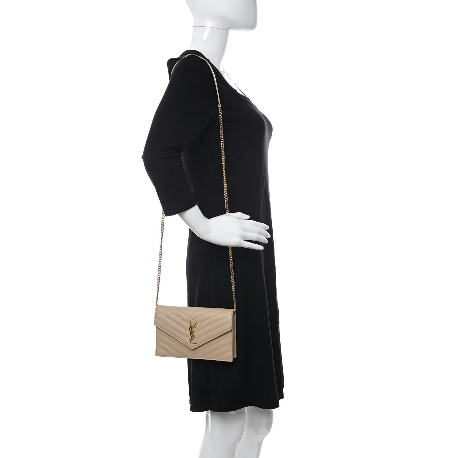 Saint Laurent Grain De Poudre Matelasse Chevron Monogram Envelope Chain Wallet Dark Beige 2 of 13