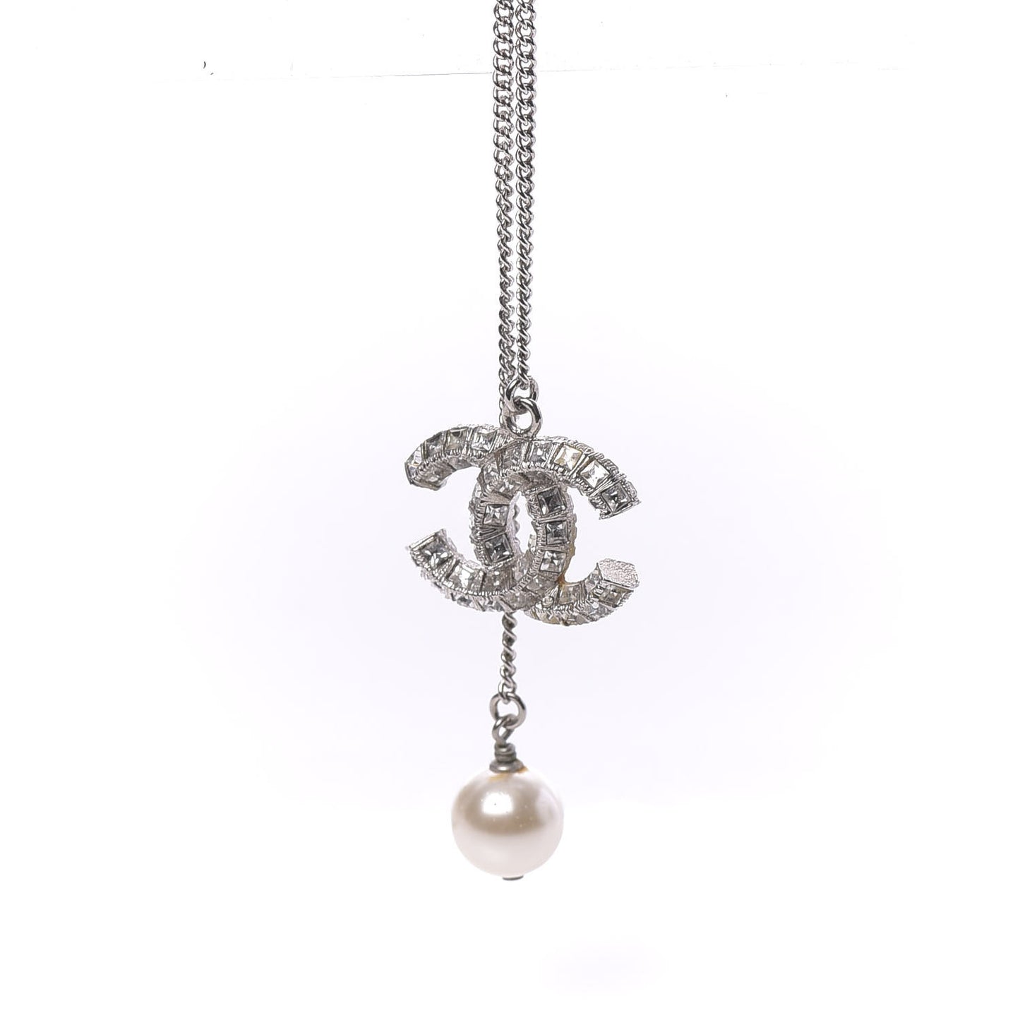 Baguette Crystal Pearl CC Lariat Necklace Silver