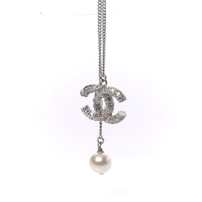Chanel Baguette Crystal Pearl CC Lariat Necklace Silver 4 of 7