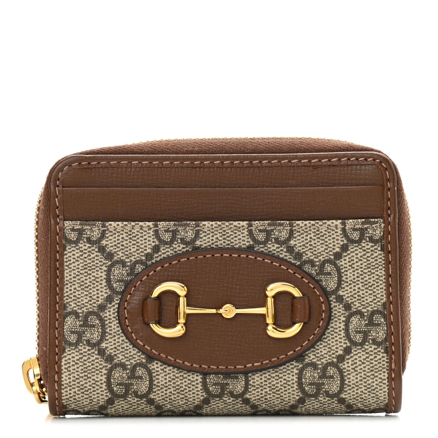 Gucci GG Supreme Monogram Azalea Calfskin Horsebit 1955 Zip Around ID Card Case Wallet Beige Ebony Brown Sugar 1 of 8