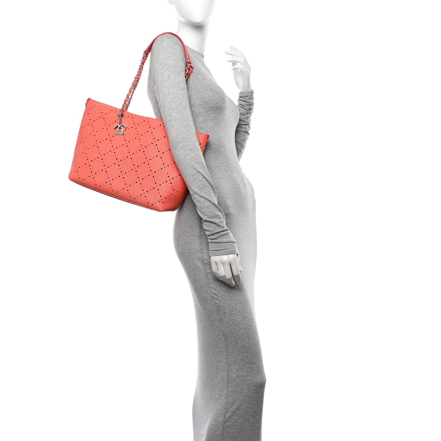 Perforated Grained Calfskin Small Shopping Tote Coral Beige