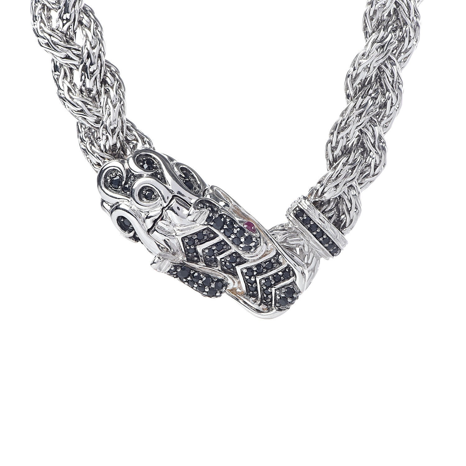 John Hardy Sterling Silver Black Sapphire Ruby Legends Naga Dragon Braided Chain Necklace 6 of 6