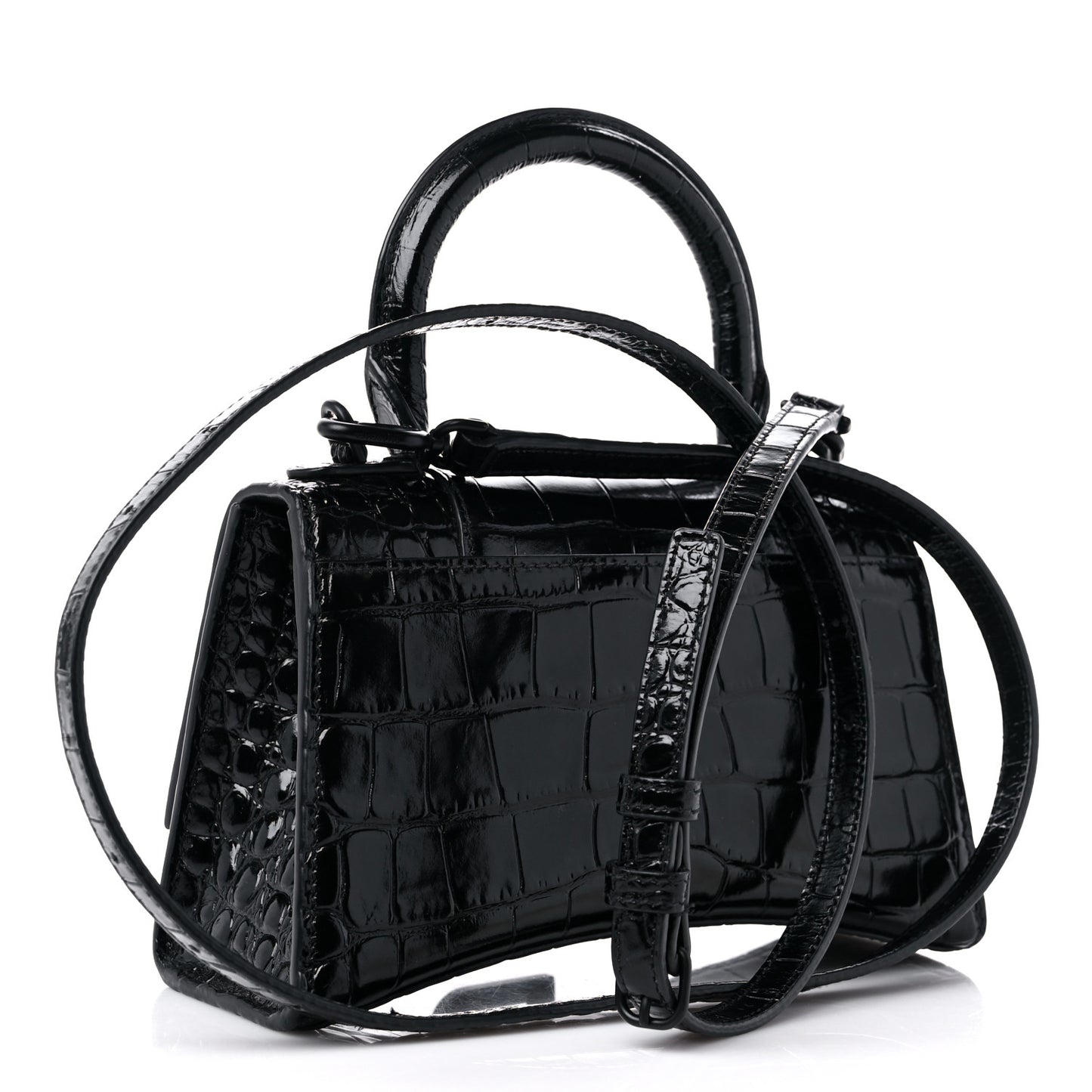 Shiny Calfskin Monochrome Crocodile Embossed Hourglass Top Handle Bag XS Black