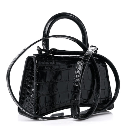 Balenciaga Shiny Calfskin Monochrome Crocodile Embossed Hourglass Top Handle Bag XS Black 3 of 10