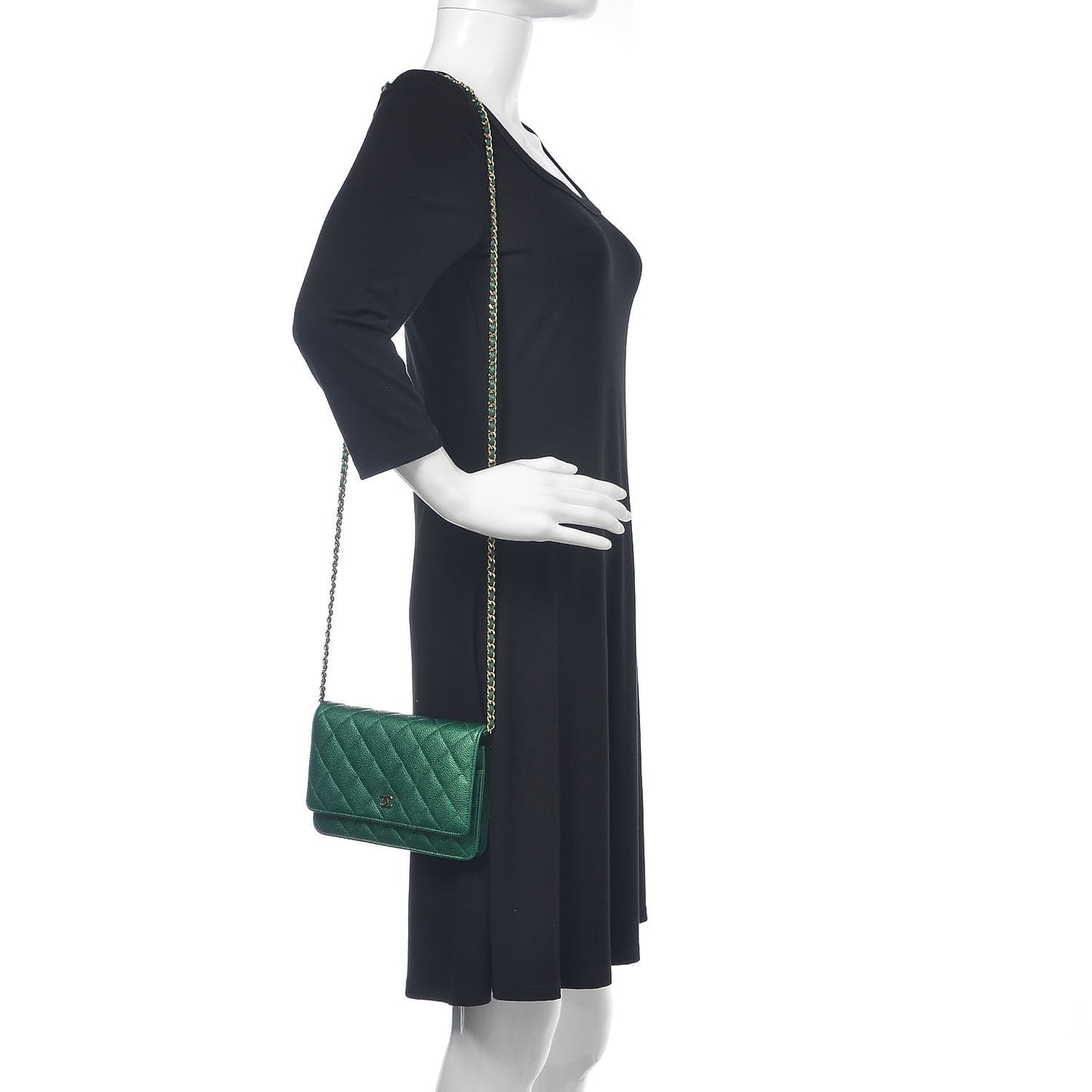 Metallic Caviar Quilted Wallet On Chain WOC Green