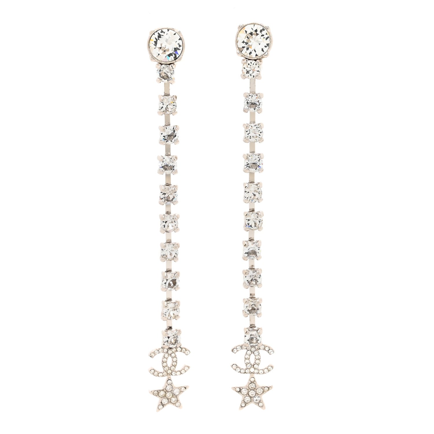 Chanel Crystal Starfall Drop Long CC Earrings Silver 1 of 5