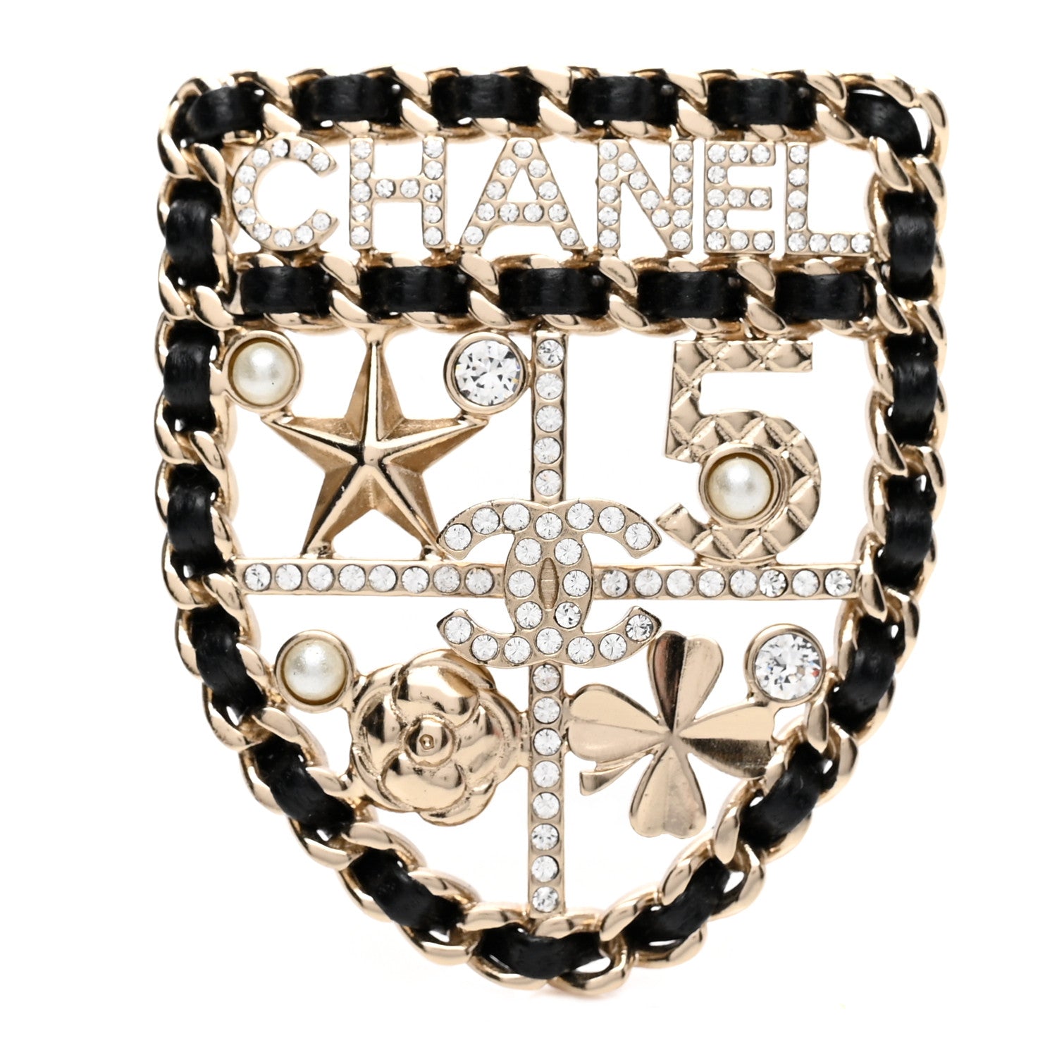 Chanel Lambskin Pearl Strass Sergeant Chanel Shield Brooch Gold 1 of 5