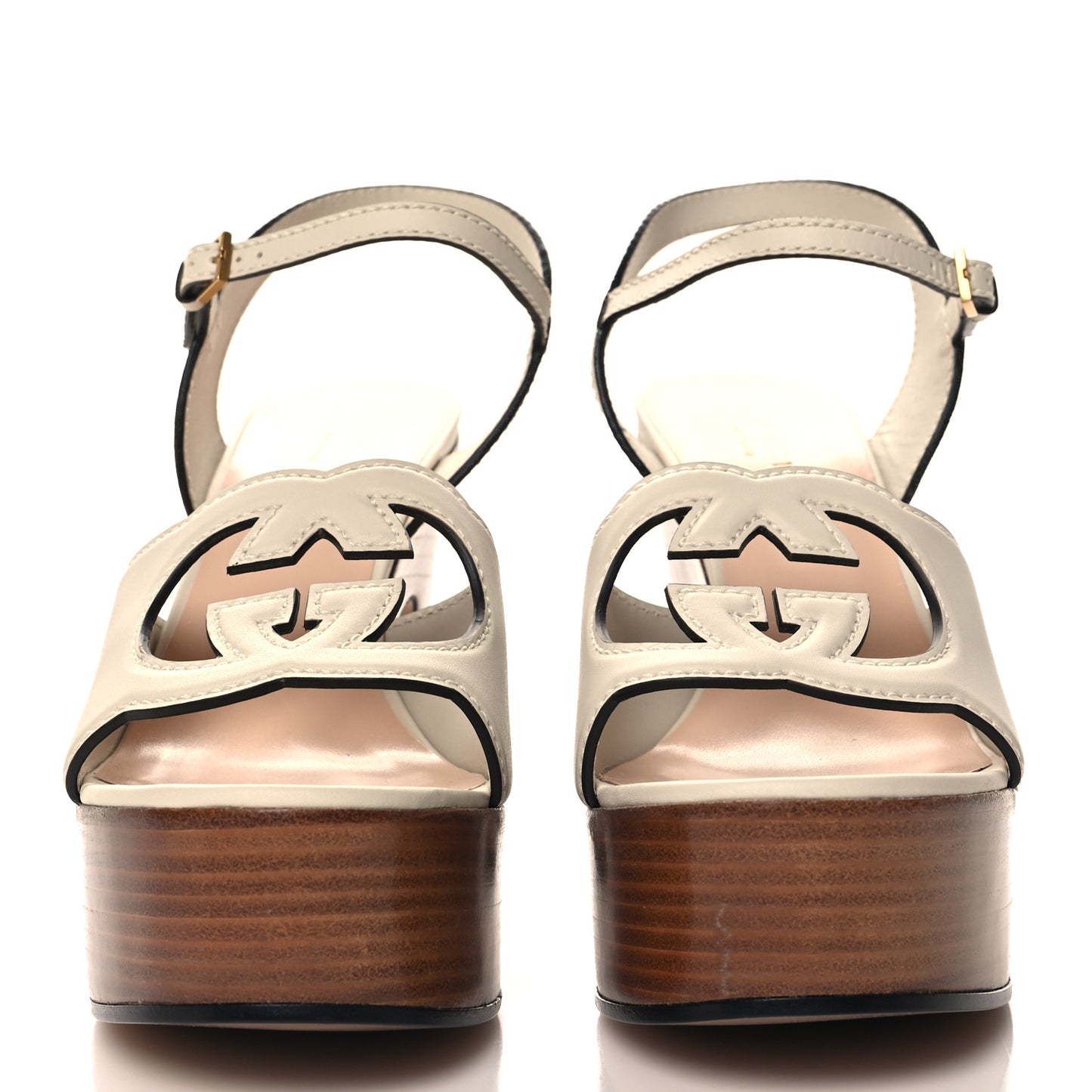 Cosmos Softy Calfskin Wooden Interlocking G Cut-Out 30/120mm Platform Sandals 40 Mystic White