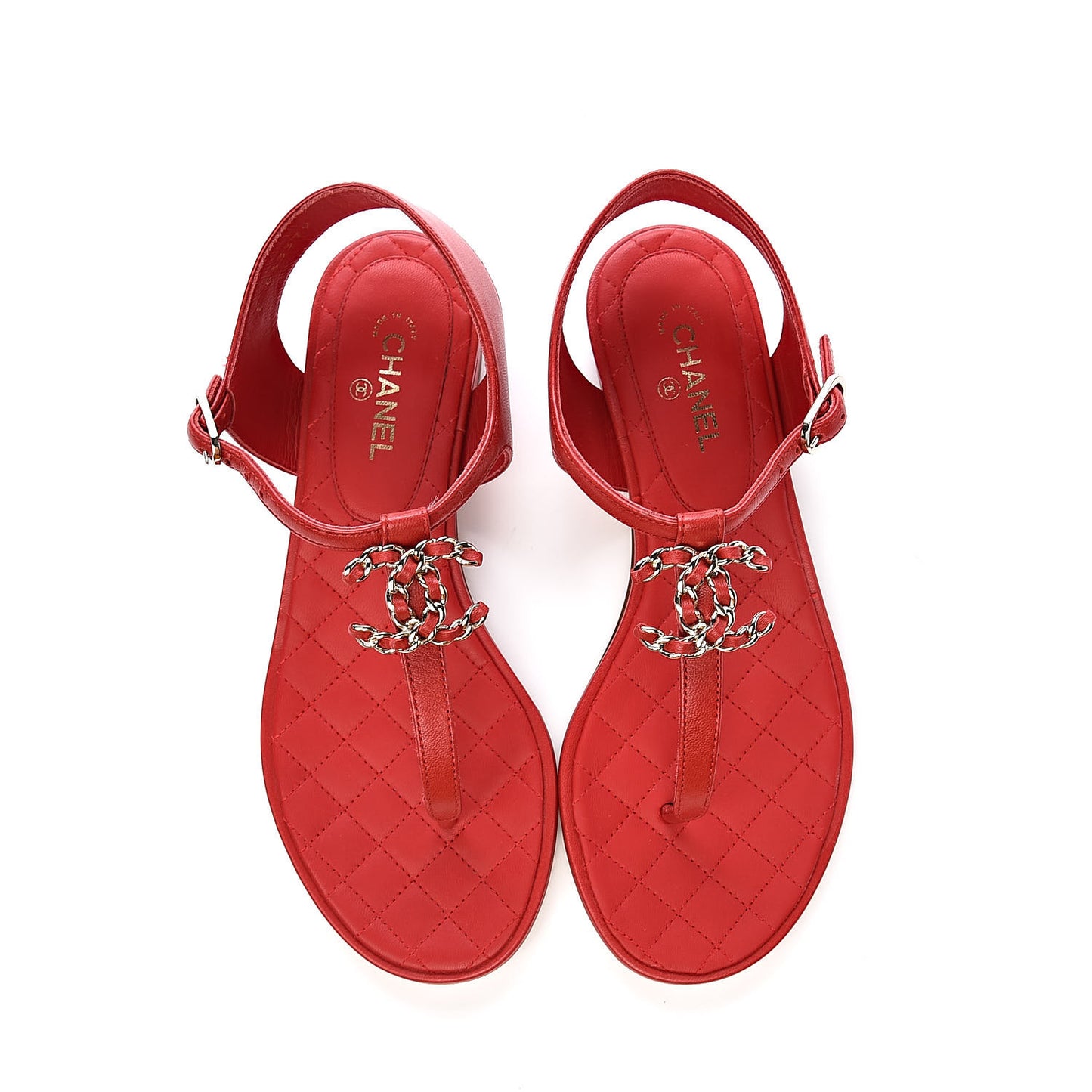 Lambskin Chain CC Logo Thong Sandals 35.5 Red