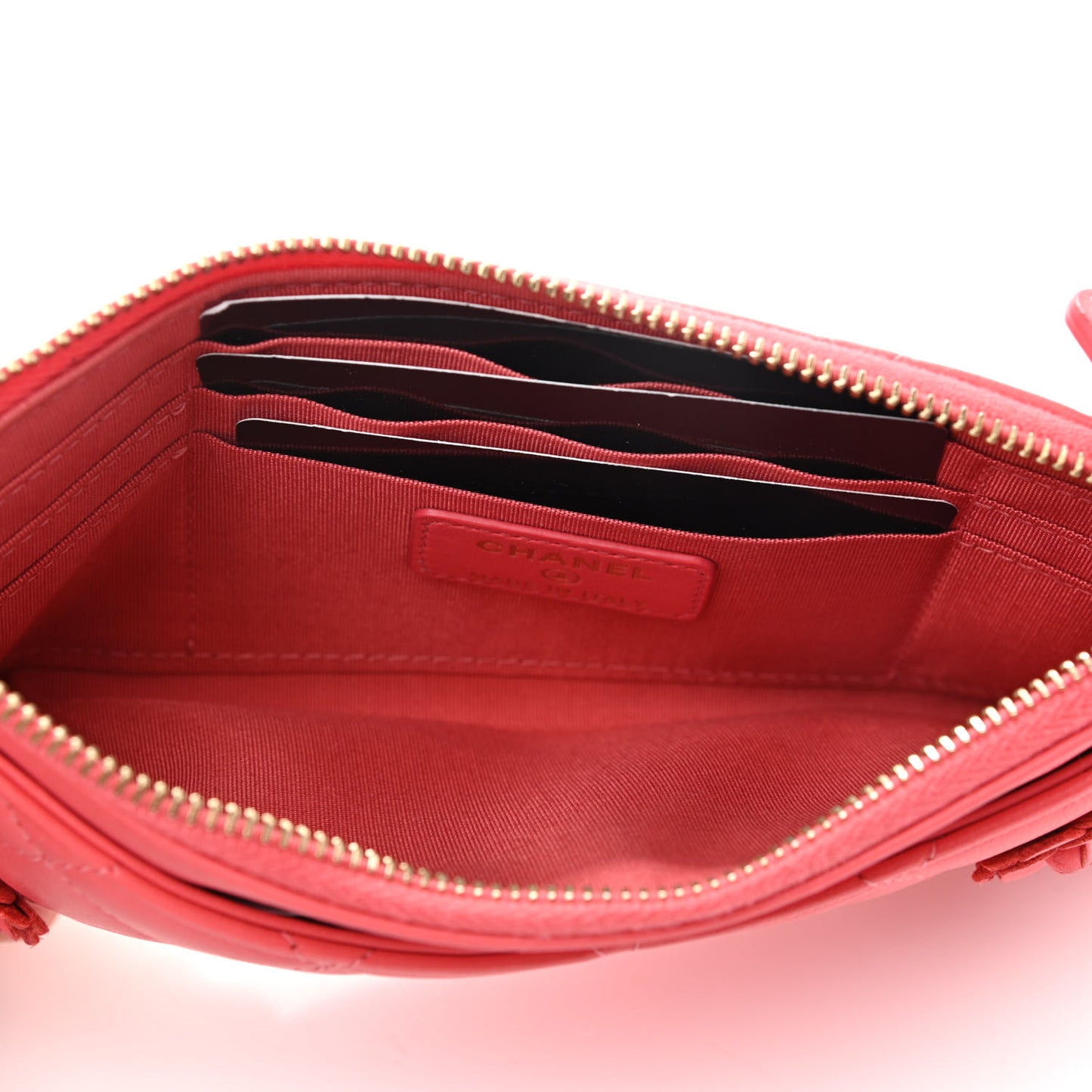 Lambskin Quilted Camellia Pouch With Handle Red